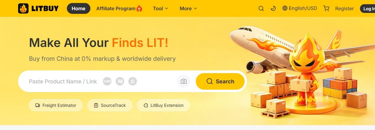 The official LitBuy website: nav, the 0% markup hero and a product search bar where you paste a Taobao, Weidian or 1688 link